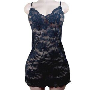 Victoria's Secret Women's Black Sheer Mesh Floral Babydoll Slip Dress Size M